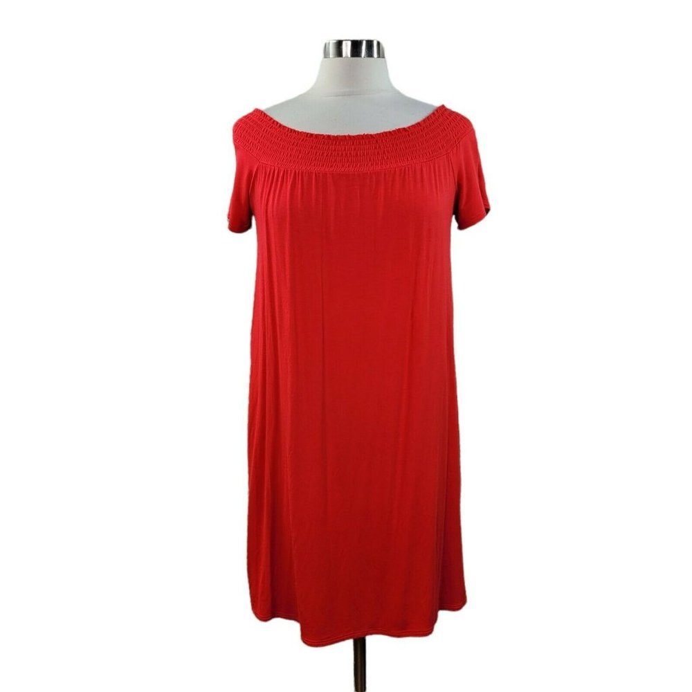 So Casual Jersey Dress Size Medium Off Shoulder stretch Watermelon Red Shirred